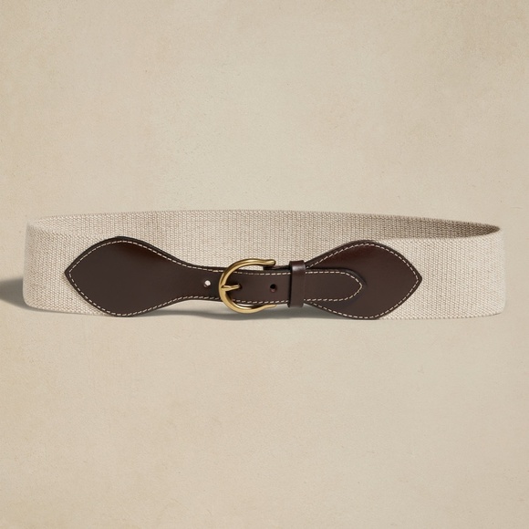 New! Banana Republic 100% Leather Trim and Linen Belt, Brown + Beige, Size Large - Picture 1 of 3